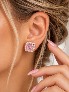 Pink Halo Stud Earrings Gold Tone Cushion Square Sparkle Glam Jewelry